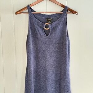 J'Envie New York Blue Linen Rayon Knit Tank Top Medium Ring Detail Keyhole Neck